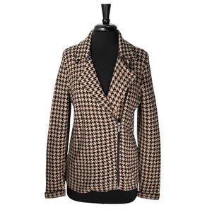 Chaps Ralph Lauren Womens Jacket Beige Black Houndstooth Full Zip Knit Sweater L